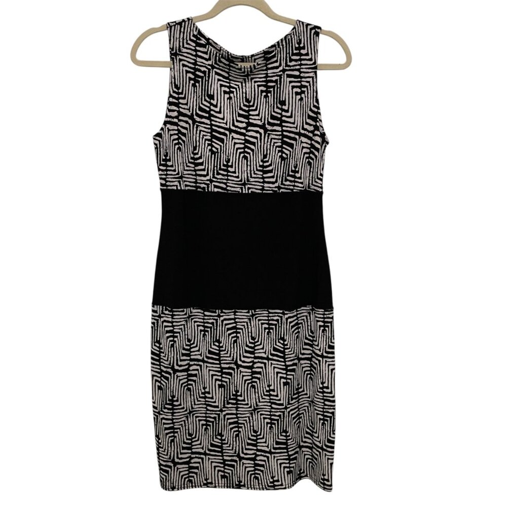 Joseph Ribkoff Stretch Sheath Dress Womens 8 Black White‎ Geo Sleeveless Career